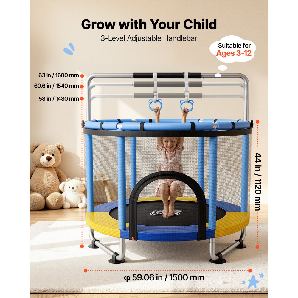 VEVOR Trampolín Infantil Cama Elástica para Niños Redondo 150x160 cm Azul, Carga de 60kg, Con Red de Seguridad, Barra de Gimnasia, Marco de Tubos Galvanizados, Lona de Salto de PP, Patas con Ventosas