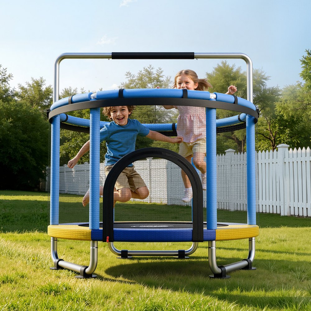 VEVOR Trampolín Infantil Cama Elástica para Niños Redondo 150x160 cm Azul, Carga de 60kg, Con Red de Seguridad, Barra de Gimnasia, Marco de Tubos Galvanizados, Lona de Salto de PP, Patas con Ventosas