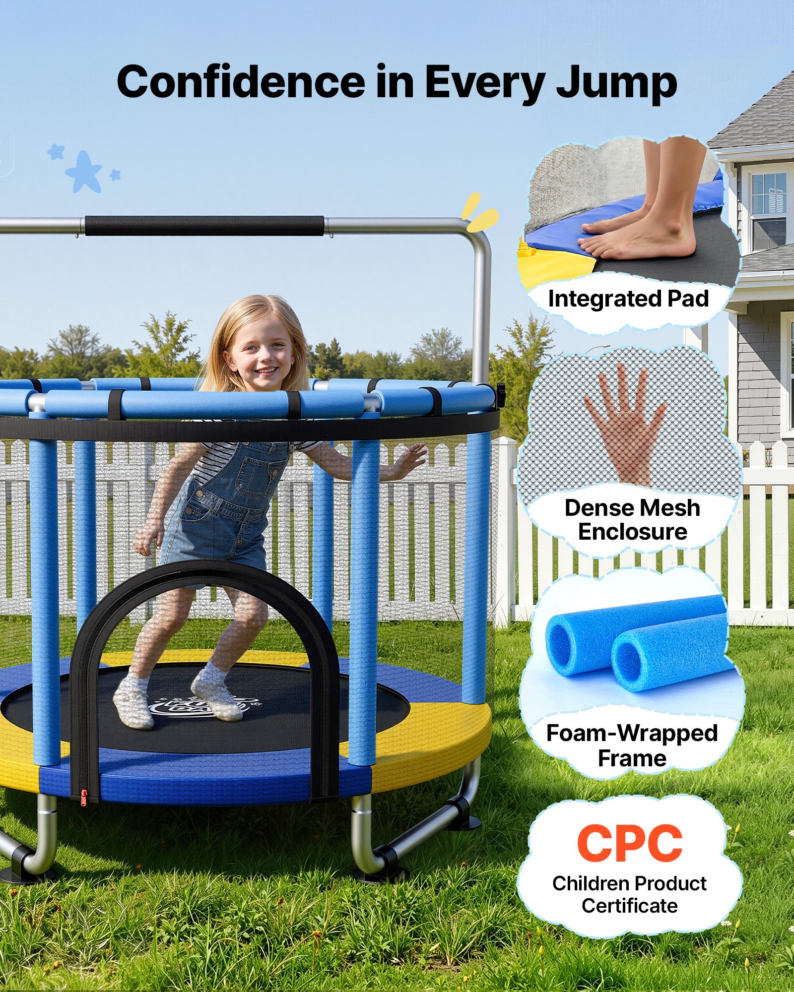VEVOR Trampolín Infantil Cama Elástica para Niños Redondo 150x160 cm Azul, Carga de 60kg, Con Red de Seguridad, Barra de Gimnasia, Marco de Tubos Galvanizados, Lona de Salto de PP, Patas con Ventosas