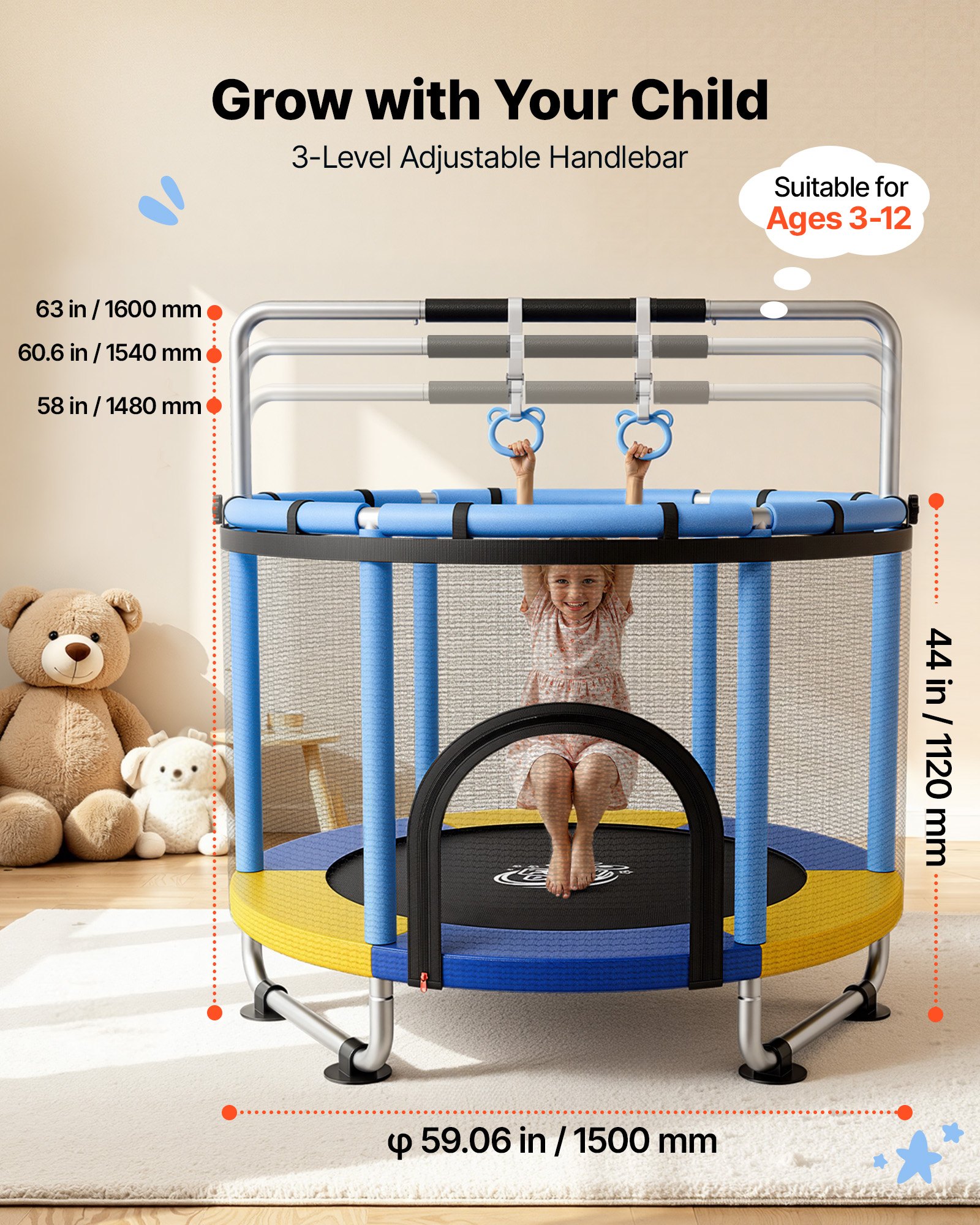 VEVOR Trampolín Infantil Cama Elástica para Niños Redondo 150x160 cm Azul, Carga de 60kg, Con Red de Seguridad, Barra de Gimnasia, Marco de Tubos Galvanizados, Lona de Salto de PP, Patas con Ventosas