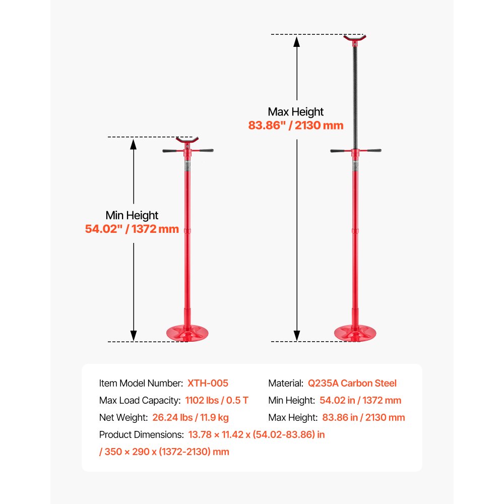VEVOR Soporte de Elevación Inferior Capacidad de 500 kg Soporte para Debajo del Polipasto Elevación de 137,2-213 cm, Manija Giratoria Montado en Cojinete, Tornillo Roscado Autoblocante para Garajes
