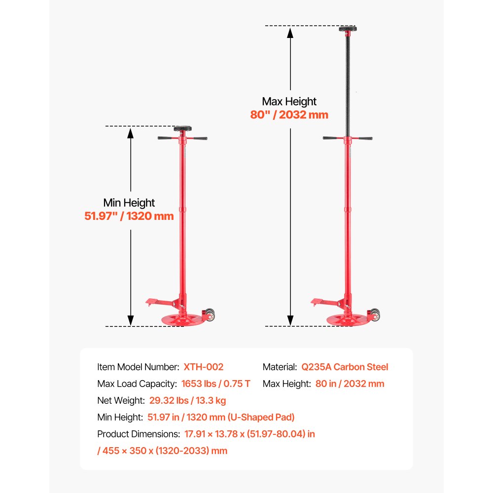 VEVOR Soporte de Elevación Inferior Capacidad de 750 kg Soporte para Debajo del Polipasto con Ruedas y Pedal Elevación de 132-203,2 cm Manija Giratoria Montado en Cojinete para Tareas de Reparación