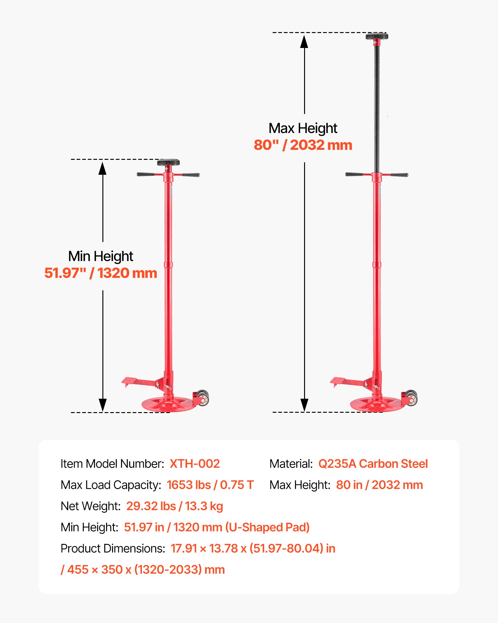 VEVOR Soporte de Elevación Inferior Capacidad de 750 kg Soporte para Debajo del Polipasto con Ruedas y Pedal Elevación de 132-203,2 cm Manija Giratoria Montado en Cojinete para Tareas de Reparación