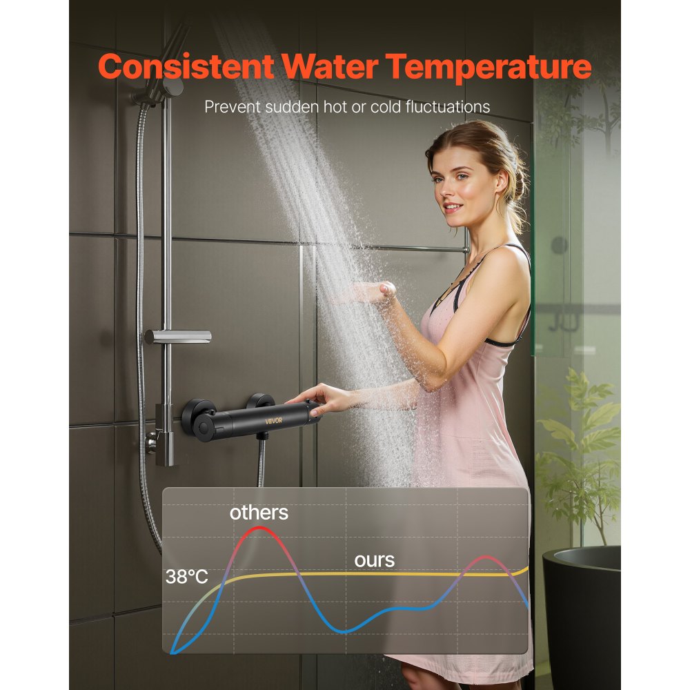 VEVOR Válvula Termostática para Grifo de Ducha con Cierre Seguro 38 ℃, Control de Temperatura para Agua Fría y Caliente, con Revestimiento Electroforético a Baño y Autocaravana, 273 x 66 x 50 mm