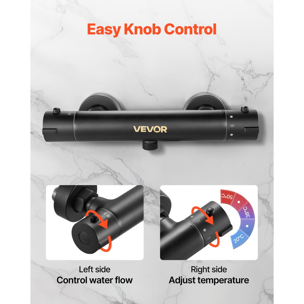 VEVOR Válvula Termostática para Grifo de Ducha con Cierre Seguro 38 ℃, Control de Temperatura para Agua Fría y Caliente, con Revestimiento Electroforético a Baño y Autocaravana, 273 x 66 x 50 mm