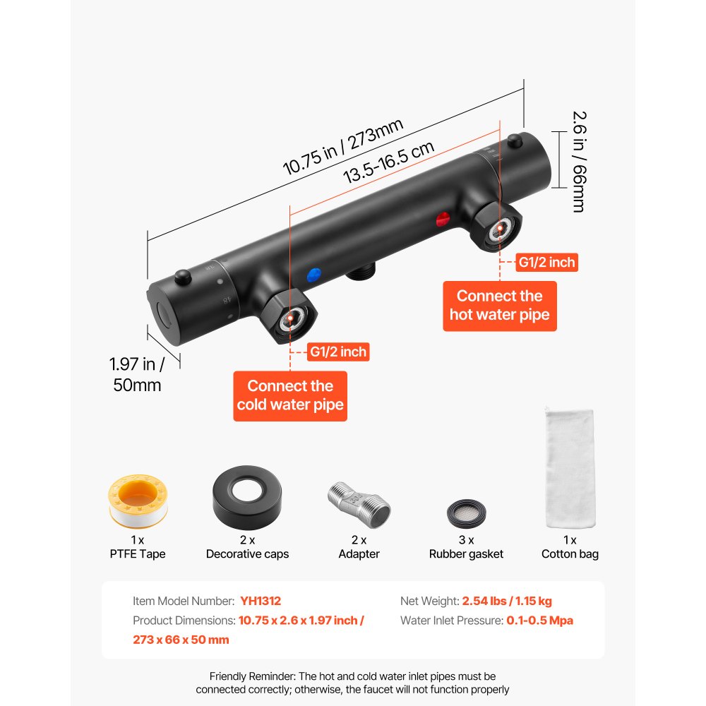 VEVOR Válvula Termostática para Grifo de Ducha con Cierre Seguro 38 ℃, Control de Temperatura para Agua Fría y Caliente, con Revestimiento Electroforético a Baño y Autocaravana, 273 x 66 x 50 mm