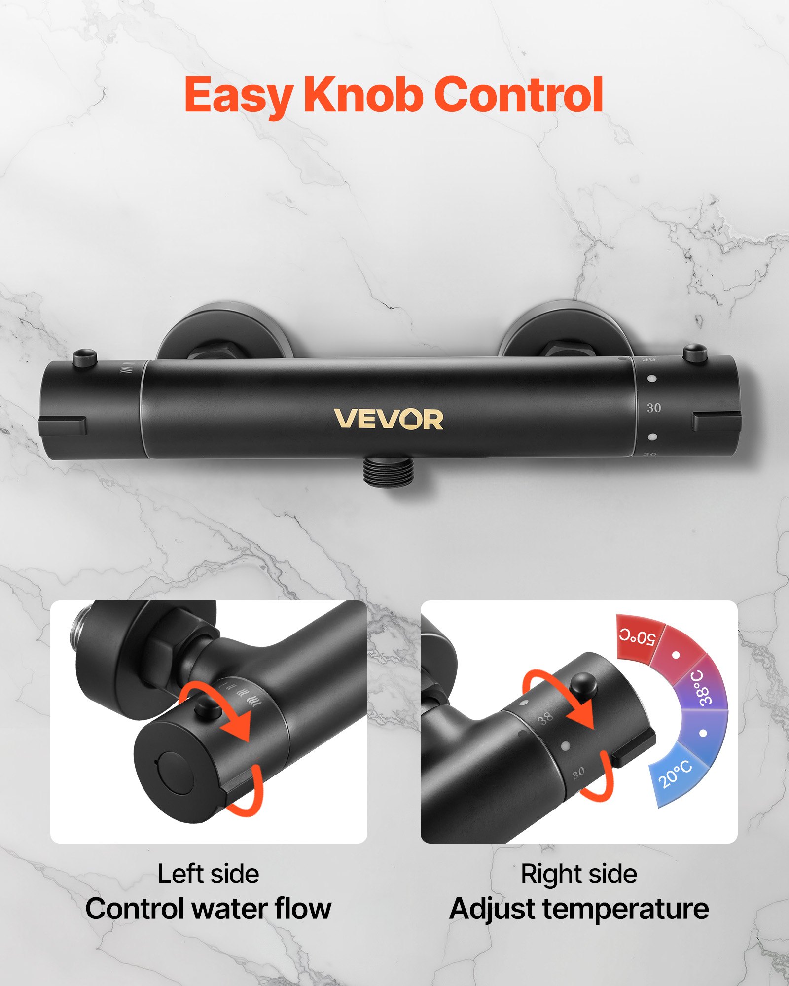 VEVOR Válvula Termostática para Grifo de Ducha con Cierre Seguro 38 ℃, Control de Temperatura para Agua Fría y Caliente, con Revestimiento Electroforético a Baño y Autocaravana, 273 x 66 x 50 mm