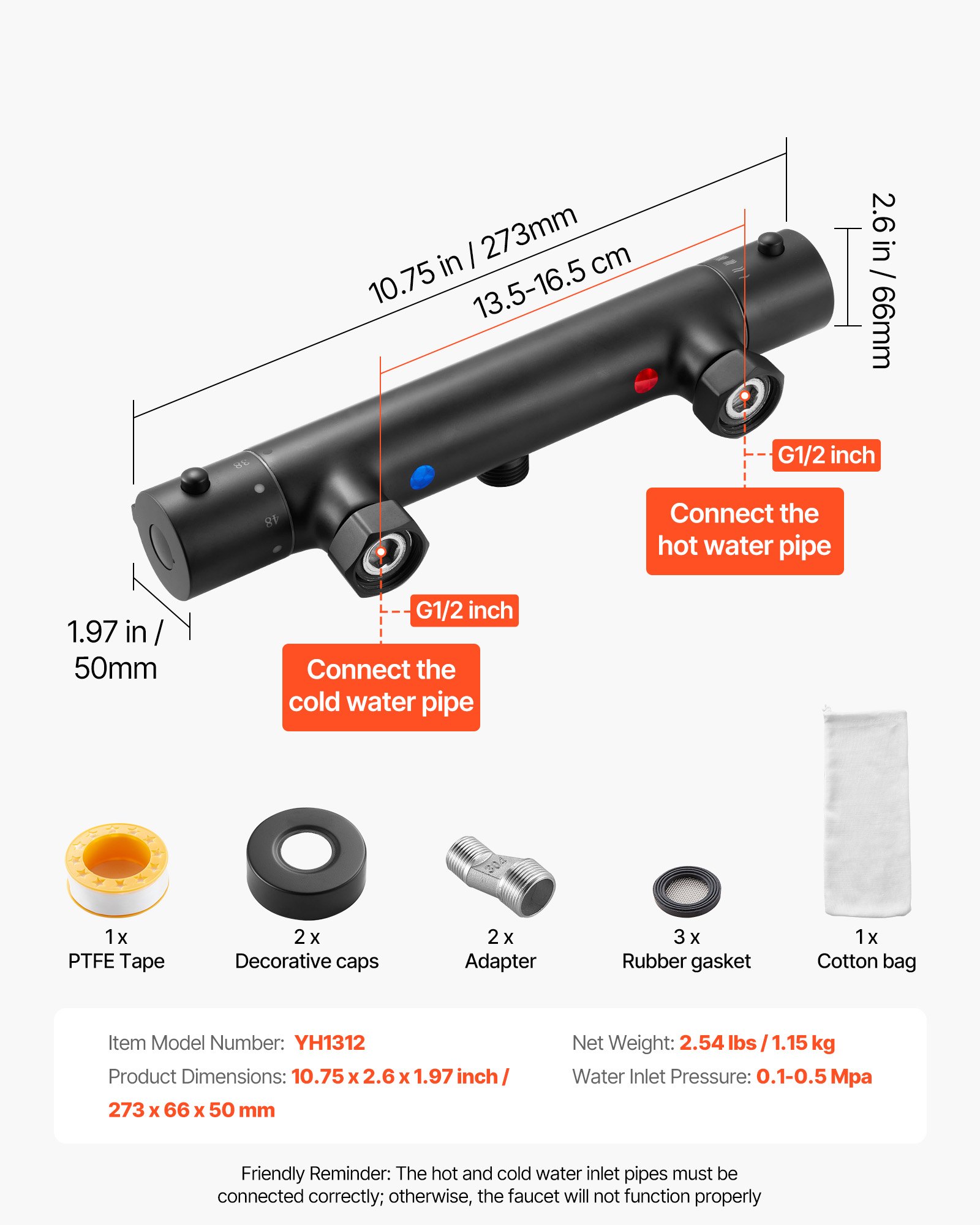 VEVOR Válvula Termostática para Grifo de Ducha con Cierre Seguro 38 ℃, Control de Temperatura para Agua Fría y Caliente, con Revestimiento Electroforético a Baño y Autocaravana, 273 x 66 x 50 mm