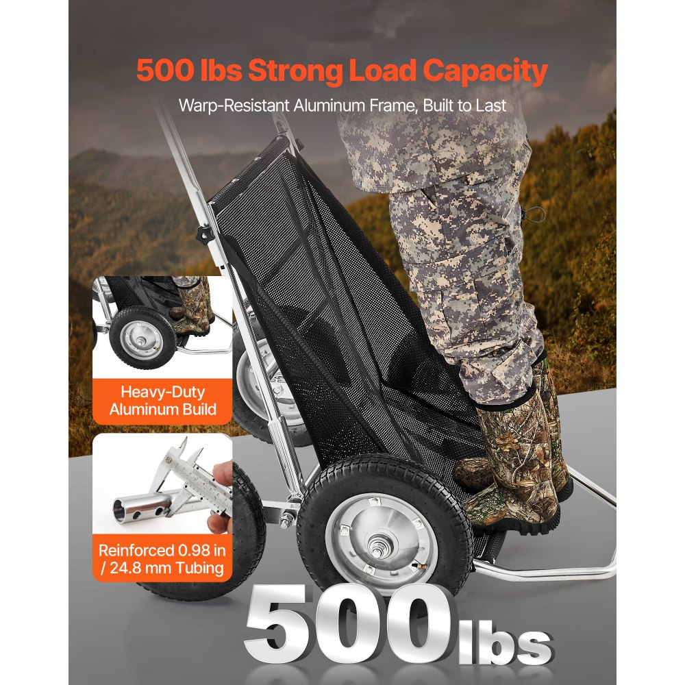 VEVOR Carro de Transporte Resistente, Carro de Caza Plegable Todoterreno con Neumáticos Amortiguadores, para Caza, Pesca y Senderismo, Capacidad de Carga de 227 kg, 1700 x 800 x 1537 mm, 4 Ruedas