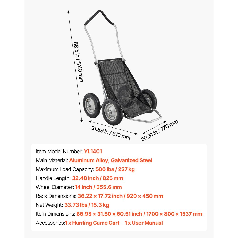 VEVOR Carro de Transporte Resistente, Carro de Caza Plegable Todoterreno con Neumáticos Amortiguadores, para Caza, Pesca y Senderismo, Capacidad de Carga de 227 kg, 1700 x 800 x 1537 mm, 4 Ruedas