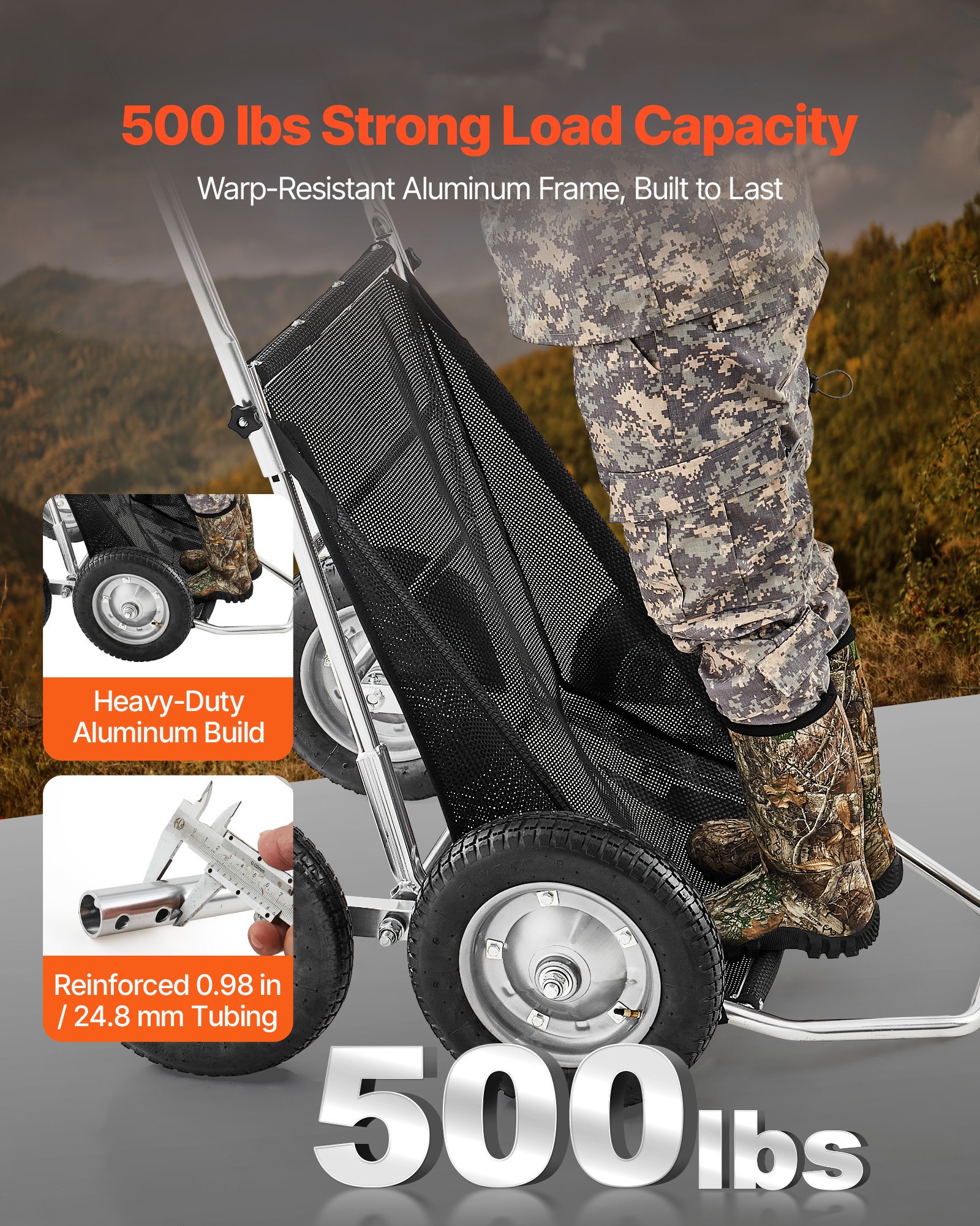 VEVOR Carro de Transporte Resistente, Carro de Caza Plegable Todoterreno con Neumáticos Amortiguadores, para Caza, Pesca y Senderismo, Capacidad de Carga de 227 kg, 1700 x 800 x 1537 mm, 4 Ruedas