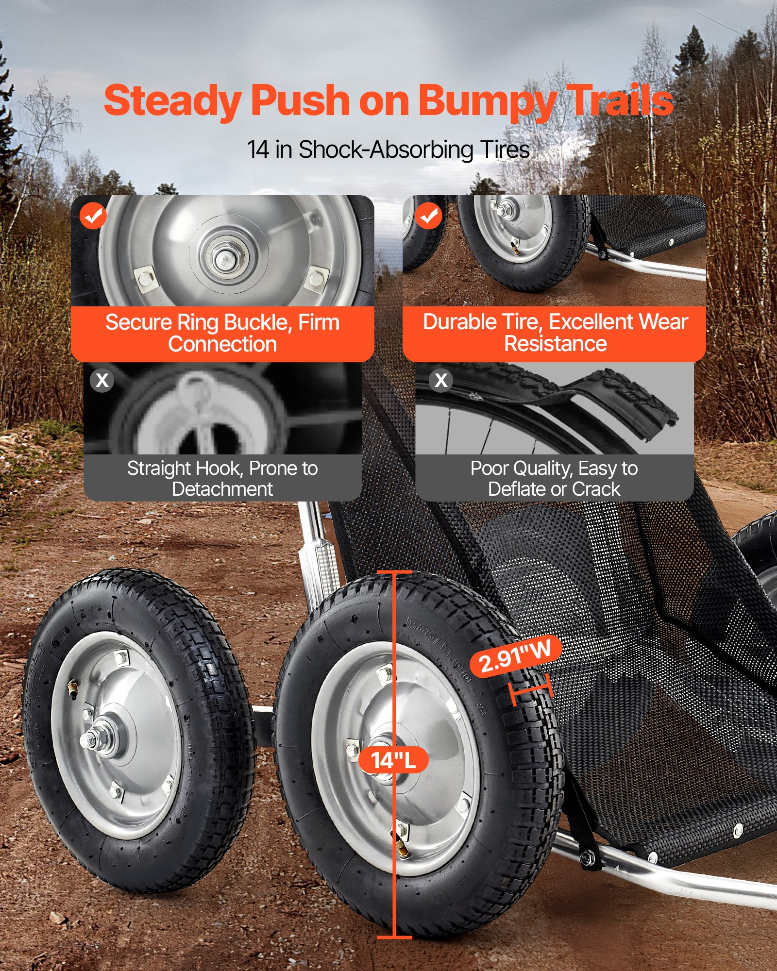 VEVOR Carro de Transporte Resistente, Carro de Caza Plegable Todoterreno con Neumáticos Amortiguadores, para Caza, Pesca y Senderismo, Capacidad de Carga de 227 kg, 1700 x 800 x 1537 mm, 4 Ruedas