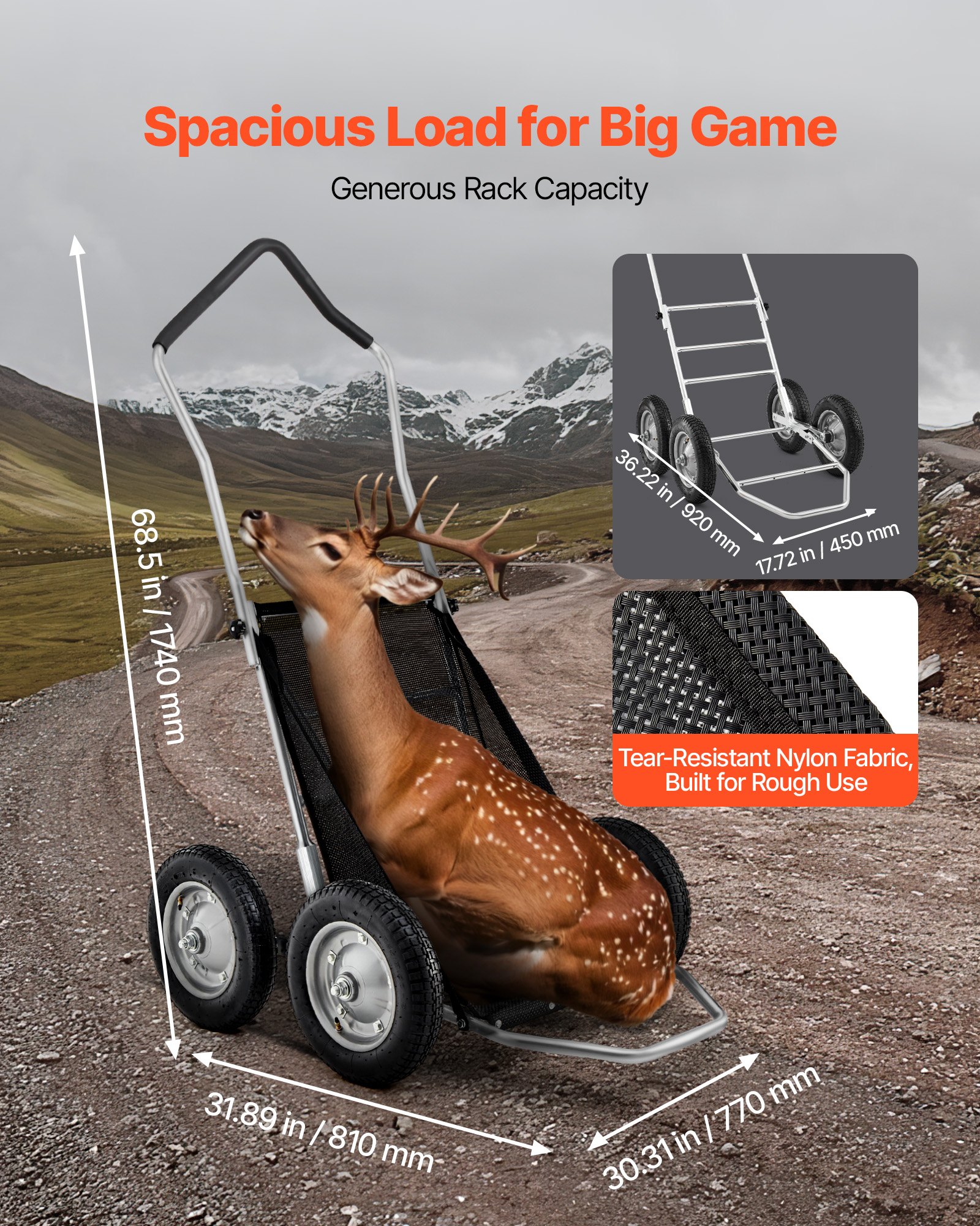 VEVOR Carro de Transporte Resistente, Carro de Caza Plegable Todoterreno con Neumáticos Amortiguadores, para Caza, Pesca y Senderismo, Capacidad de Carga de 227 kg, 1700 x 800 x 1537 mm, 4 Ruedas