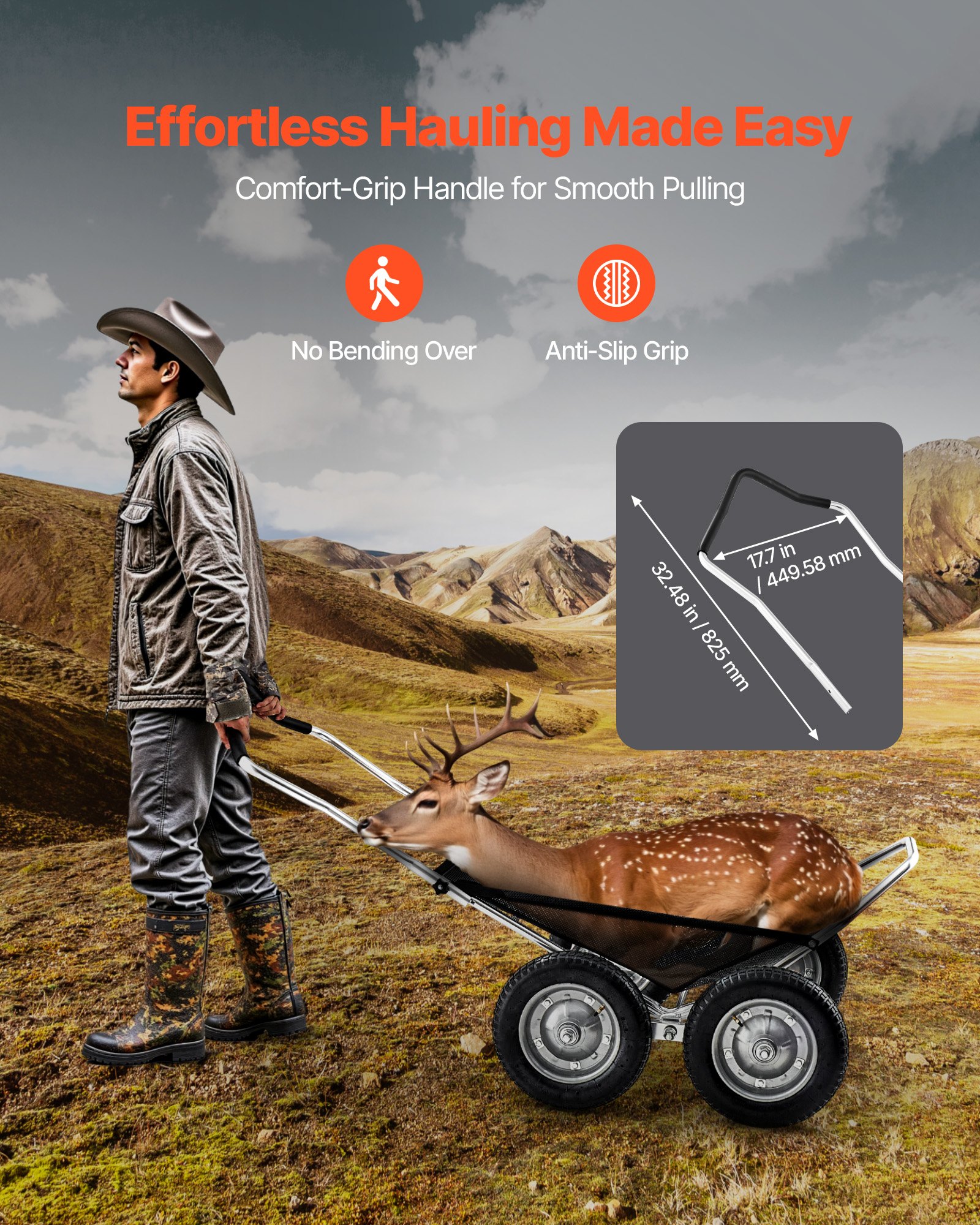 VEVOR Carro de Transporte Resistente, Carro de Caza Plegable Todoterreno con Neumáticos Amortiguadores, para Caza, Pesca y Senderismo, Capacidad de Carga de 227 kg, 1700 x 800 x 1537 mm, 4 Ruedas