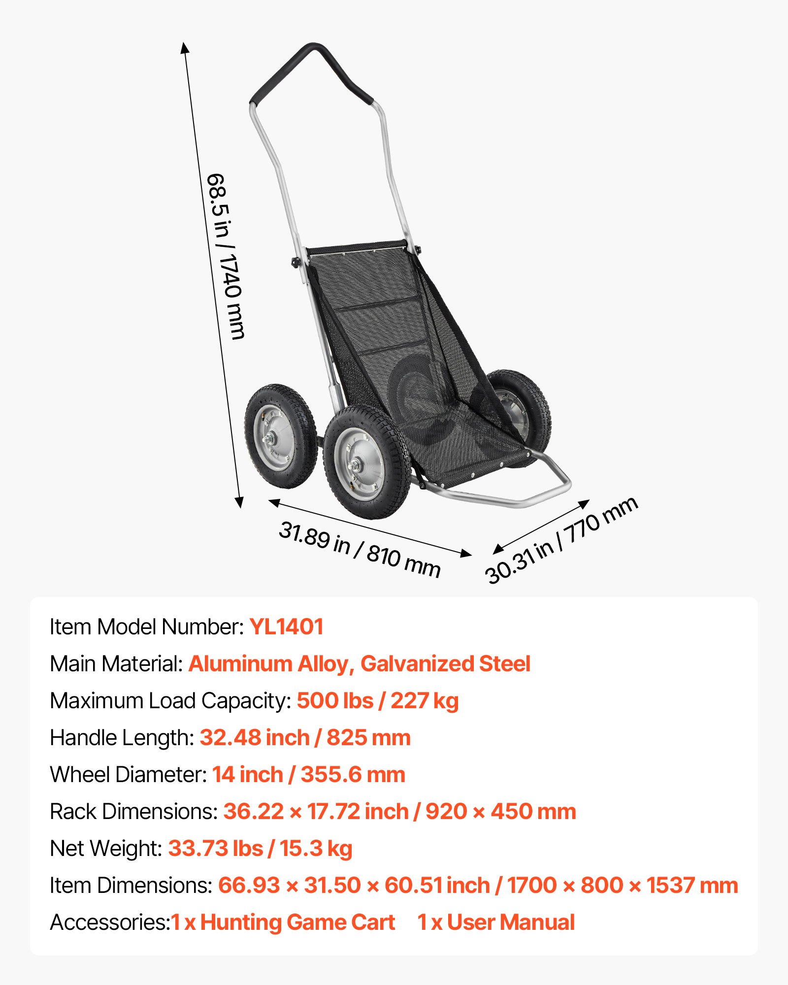 VEVOR Carro de Transporte Resistente, Carro de Caza Plegable Todoterreno con Neumáticos Amortiguadores, para Caza, Pesca y Senderismo, Capacidad de Carga de 227 kg, 1700 x 800 x 1537 mm, 4 Ruedas