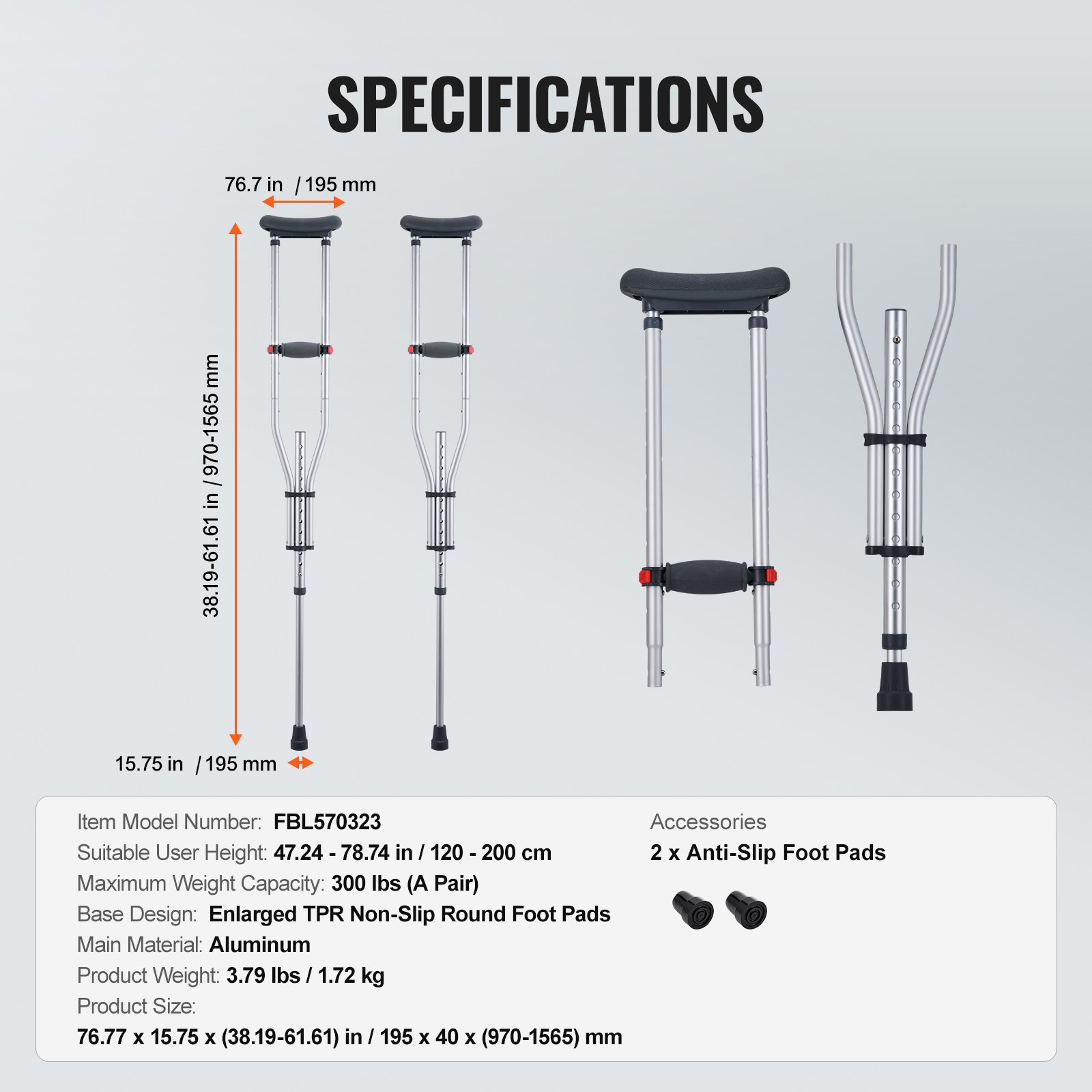 VEVOR Forearm Crutches, 13-Level Height-Adjustable Forearm Crutches, Lightweight Aluminum Crutches for Adults and Teenagers - with Soft Forearm Padding for People with Disabilities After Leg Injuries and Surgery, 1 Pair, 136 kg