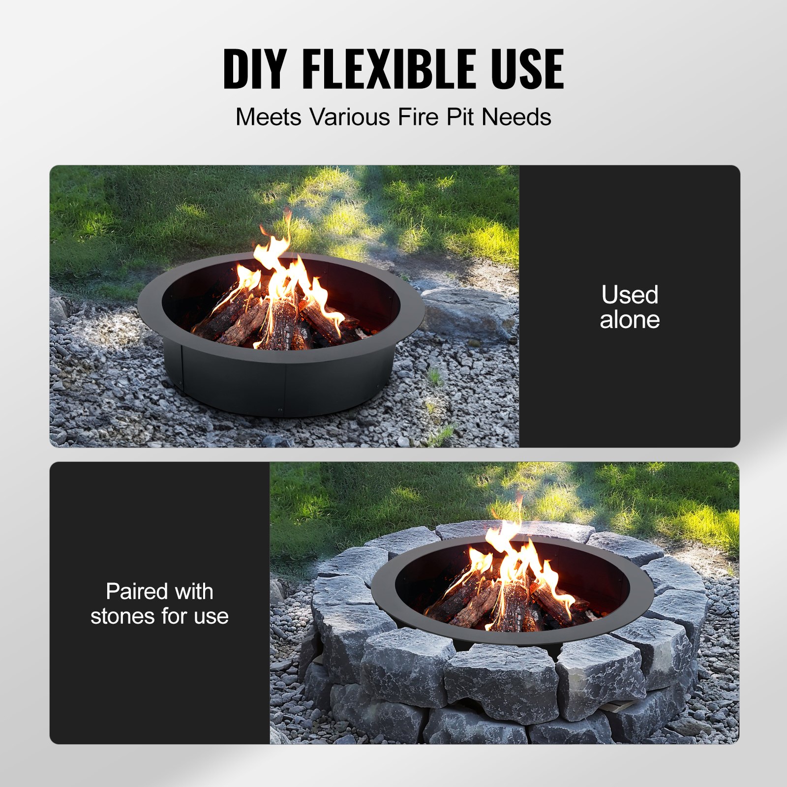 VEVOR Fire Pit Ring, 91.4 cm Outer Diameter/76.2 cm Inner Diameter, 25.4 cm Height, 2.5 mm Thick Fire Pit Insert, Robust Carbon Steel Lining, DIY Campfire Ring for Above or In-Ground Use, for Outdoor Camping, Campfires