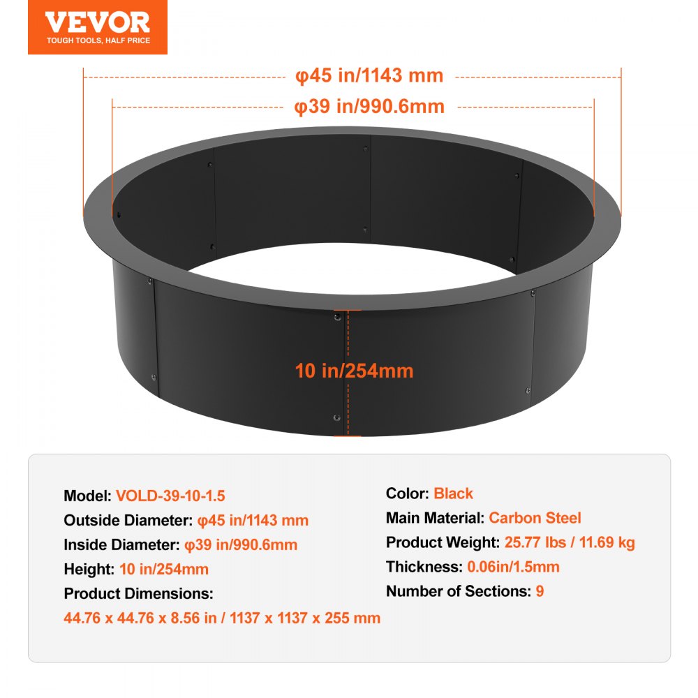 VEVOR Aro para Hoguera Diámetro Exterior 1143 mm, Diámetro Interior 990,6 mm, Altura 254 mm, Revestimiento de Acero al Carbono, Anillo para Fogata sobre o en el Suelo, para Acampar al Aire Libre