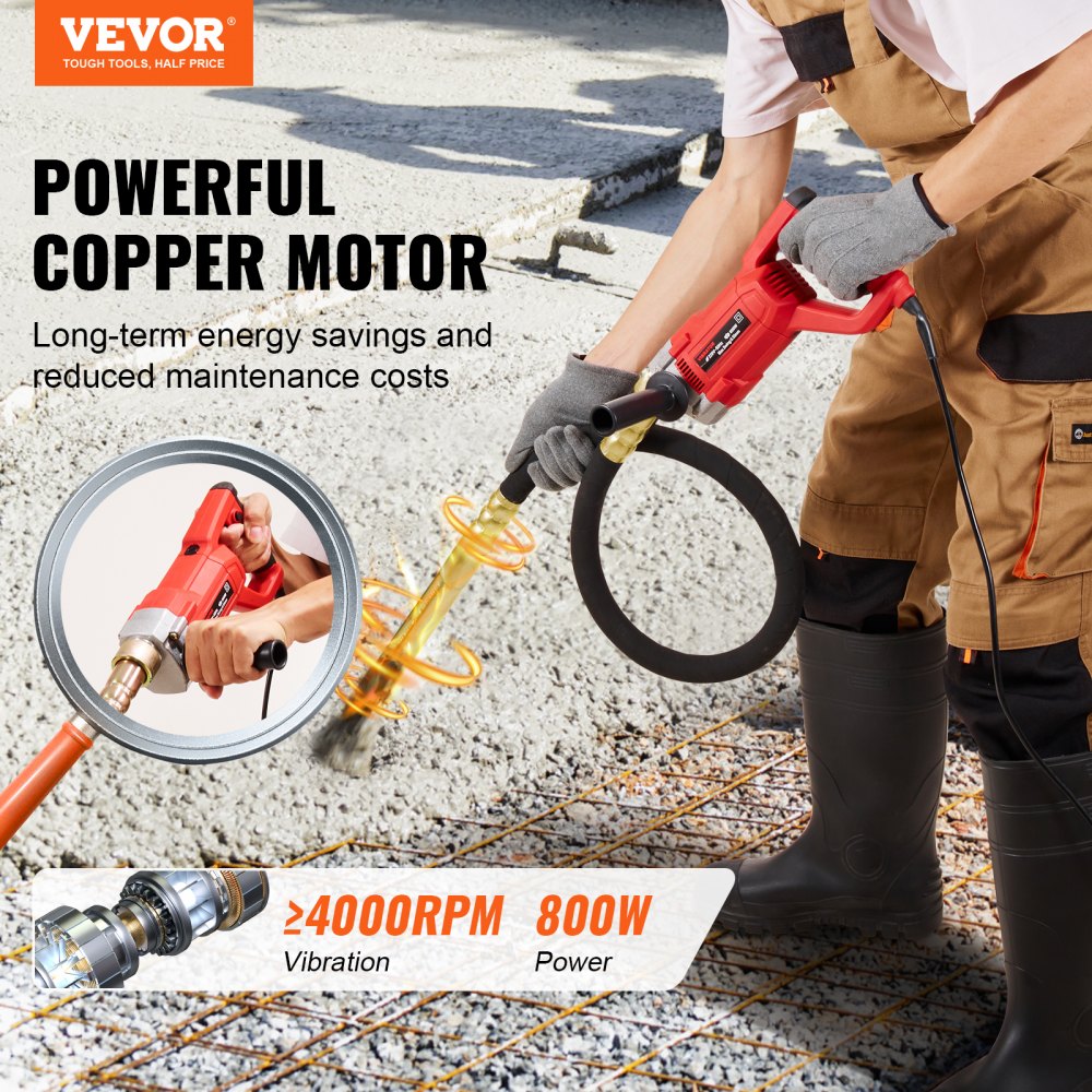 Vibrador de hormigón portátil VEVOR, vibrador eléctrico de 800 W y 4000 RPM, herramienta eléctrica de vibración de hormigón con varilla de eje de 4,9 pies/1,5 m, vibrador de cemento portátil tipo lápiz que elimina las burbujas de aire y mezcla el hormigón