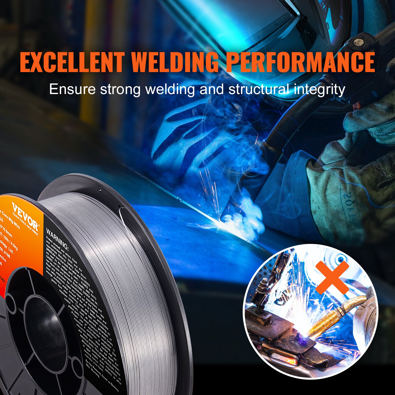 VEVOR Alambre de Soldadura MIG 0,9mm E71T-GS Bobina de Alambre de Soldadura de Núcleo Fundente Acero Blando sin Gas 200mm Resistencia a Tracción 560 MPa Arco Estable de Baja Salpicadura para Soldadura