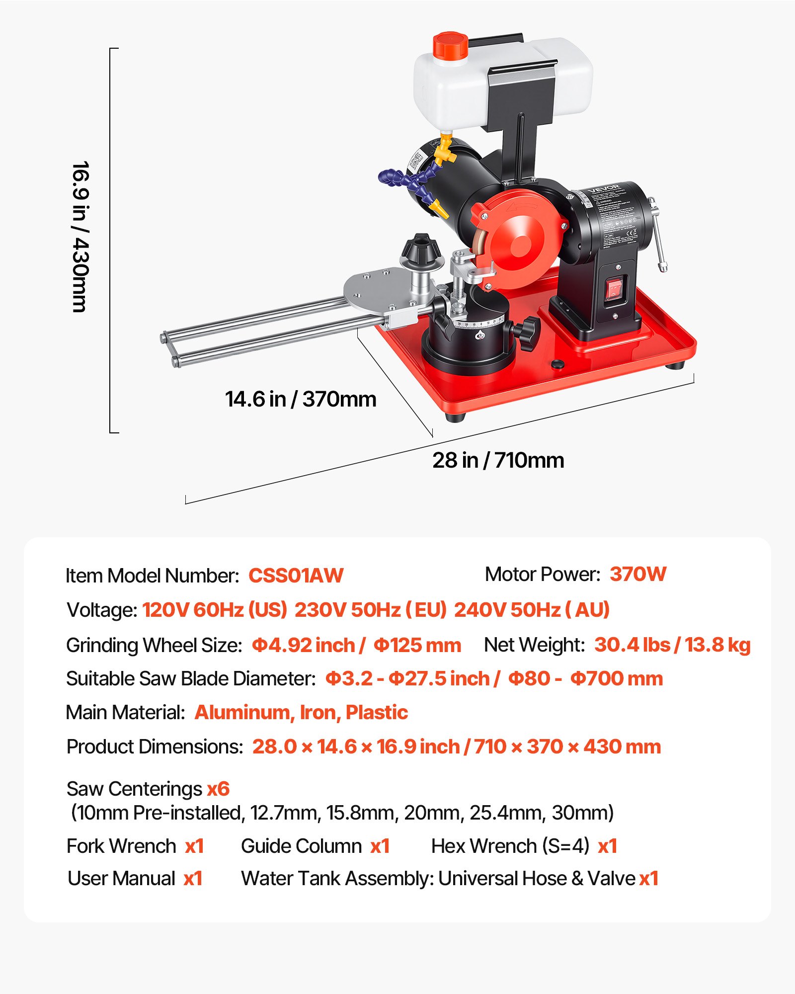 VEVOR Afiladora de Discos de Sierra Circular 370 W 2890 RPM, con Muela de 125 mm, Depósito de Agua y Centradores de Sierra para Hojas de 80 a 700 mm, Ajuste de Ángulo para Taller Bricolaje Carpintería