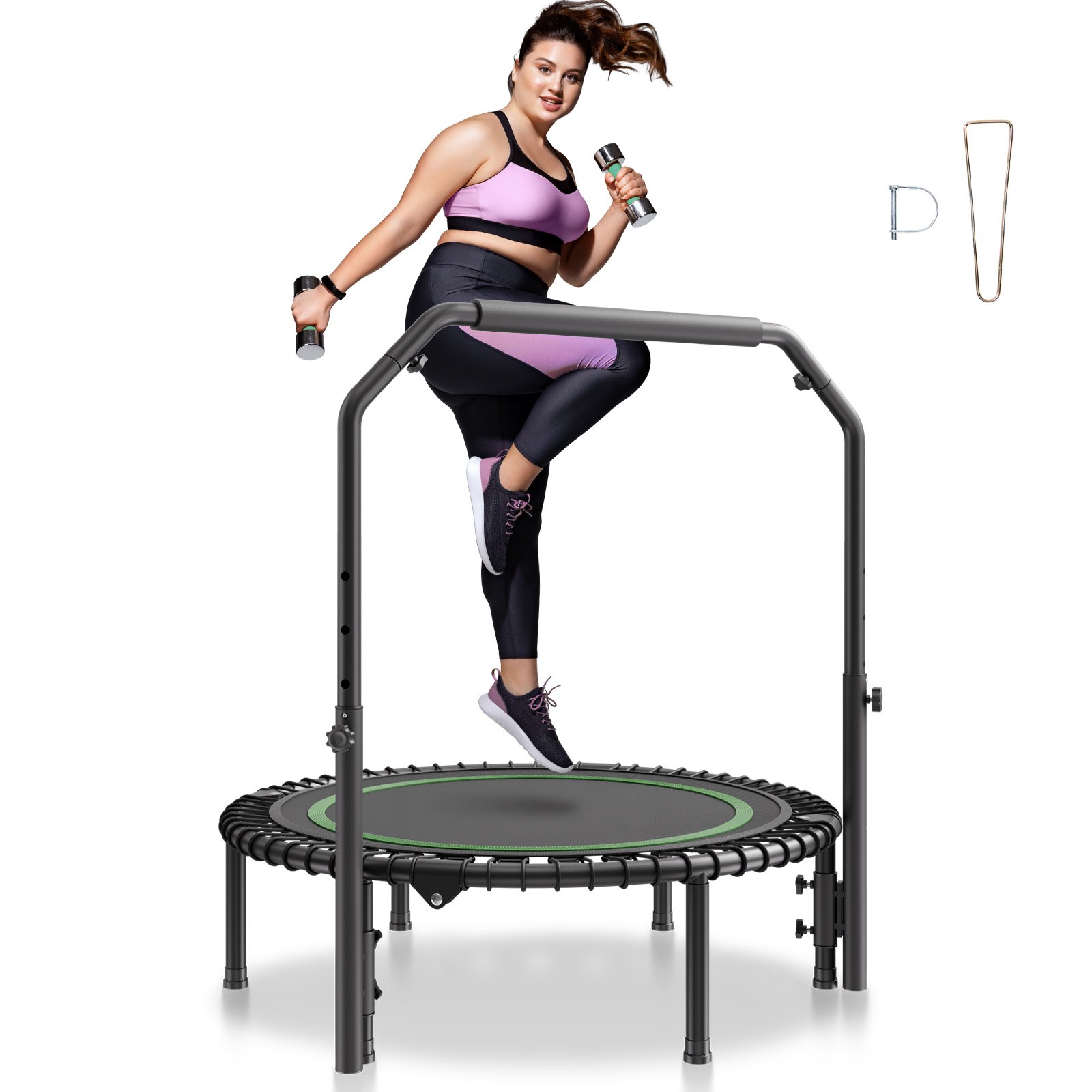 VEVOR Mini Trampolín Plegable de Fitness 1027 mm Trampolín de Entrenamiento Carga Máxima de 150 kg Trampolín Deportivo Mini Trampolín de Jardín con Mango de Espuma de Altura Ajustable en 4 Niveles