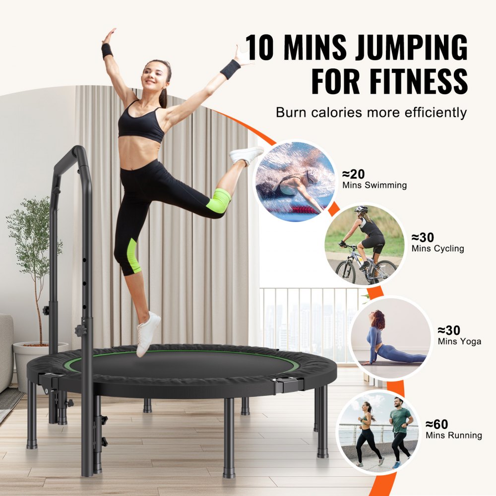 VEVOR Foldable Mini Trampoline Fitness Rebounder 132 cm, 205 kg Load Capacity Training Trampoline, Rebounder Sports Trampoline Garden Trampoline with 4-Level Height-Adjustable Handle & 40 Springs