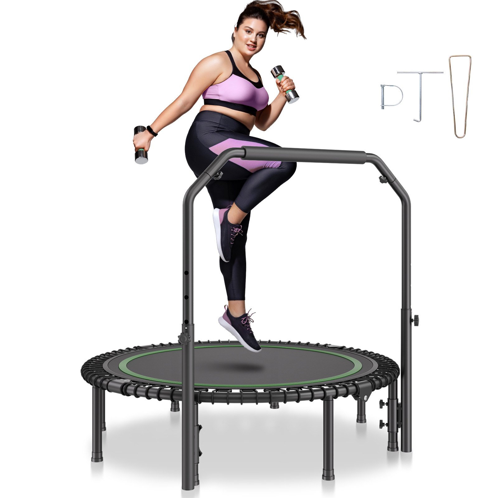 VEVOR Mini Trampolín Plegable de Fitness 1295 mm Trampolín de Entrenamiento Carga Máxima de 205 kg Trampolín Deportivo Mini Trampolín de Jardín con Mango de Altura Ajustable en 4 Niveles