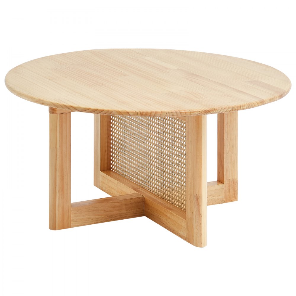 VEVOR Mesa de Centro Redonda de Madera Tejida de Ratán con Tablero de Madera de Caucho, Mesa de Centro de Almacenamiento de 850 x 850 x 420 mm con Patas de Madera, para Sala de Estar, Dormitorio