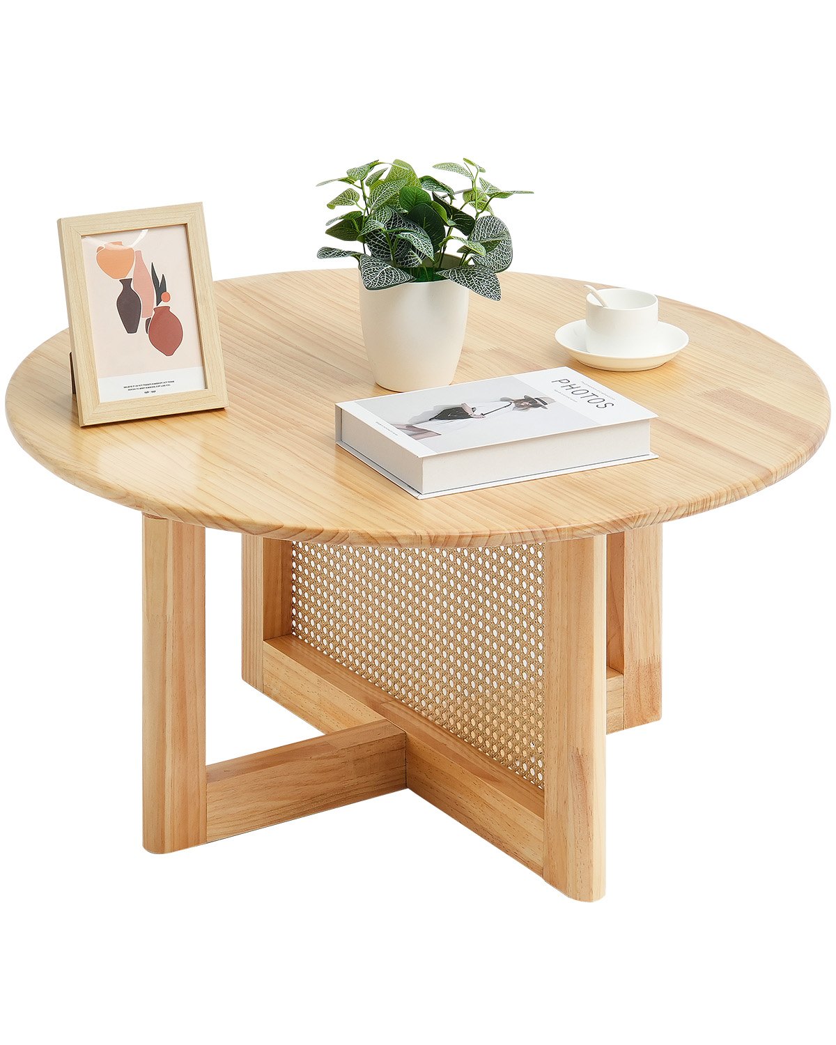 VEVOR Mesa de Centro Redonda de Madera Tejida de Ratán con Tablero de Madera de Caucho, Mesa de Centro de Almacenamiento de 850 x 850 x 420 mm con Patas de Madera, para Sala de Estar, Dormitorio