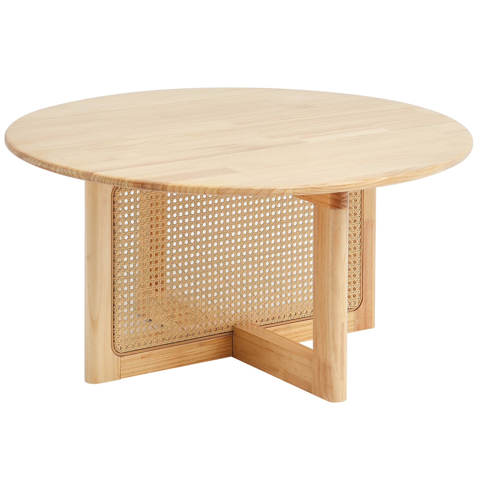 VEVOR Mesa de Centro Redonda de Madera Tejida de Ratán con Tablero de Madera de Caucho, Mesa de Centro de Almacenamiento de 850 x 850 x 420 mm con Patas de Madera, para Sala de Estar, Dormitorio