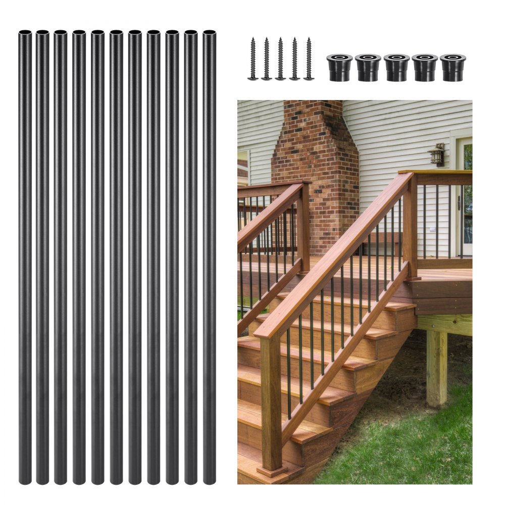 VEVOR Balaustres de Escalera de Aluminio 66 cm Barandilla de Metal Redonda 51 Piezas Barandilla Hueca para Terraza con Tapas de Riel y Tornillos para Escaleras, Porches, Patios, Balcón, Negro