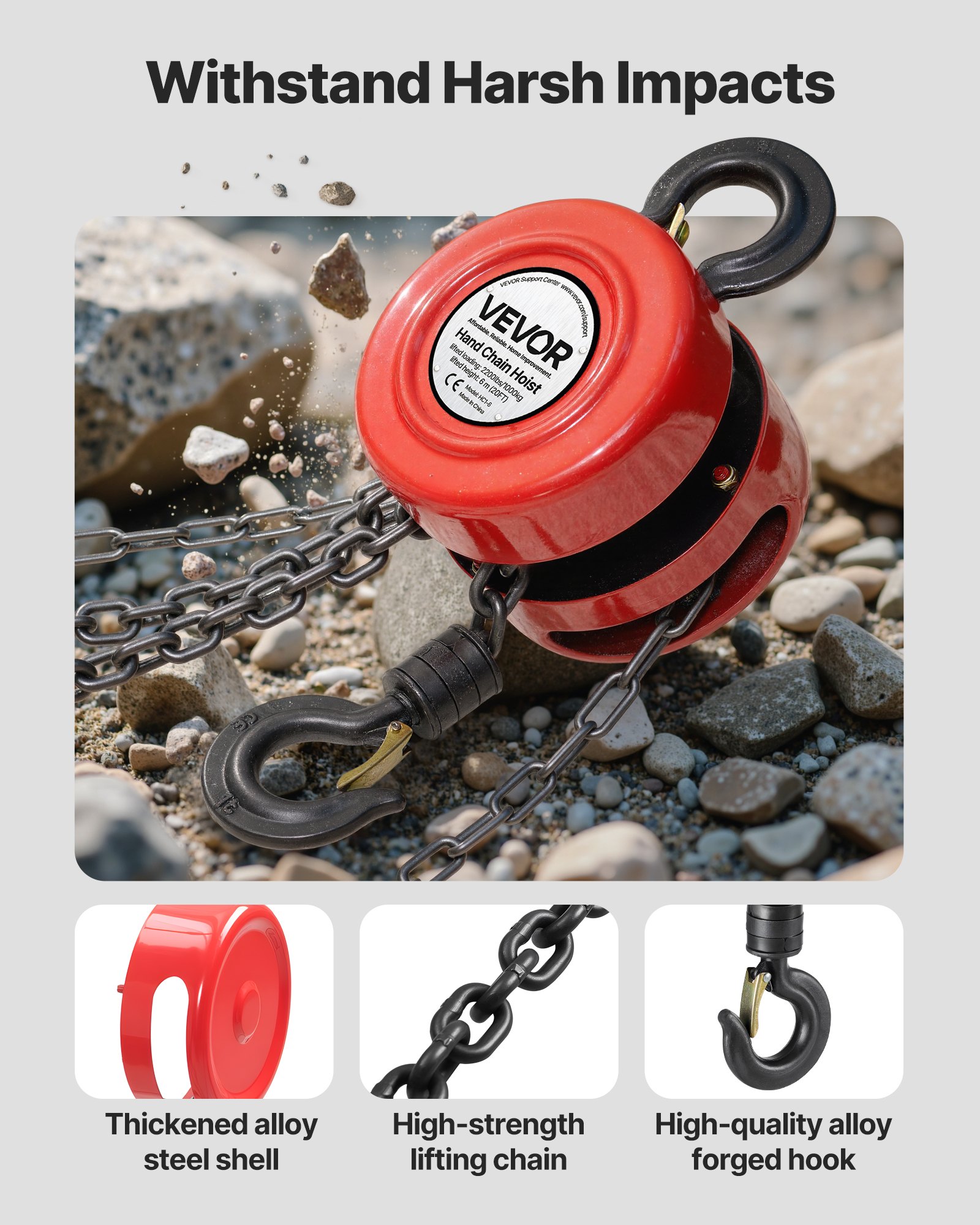 VEVOR Polipasto de cadena manual, Polipasto de Polea Redondo con Cadena Galvanizada G70 Mejorada, Altura de Elevación de 6 m Carga de 1 T para Garaje, Almacén y Maquinaria Automotriz, Rojo