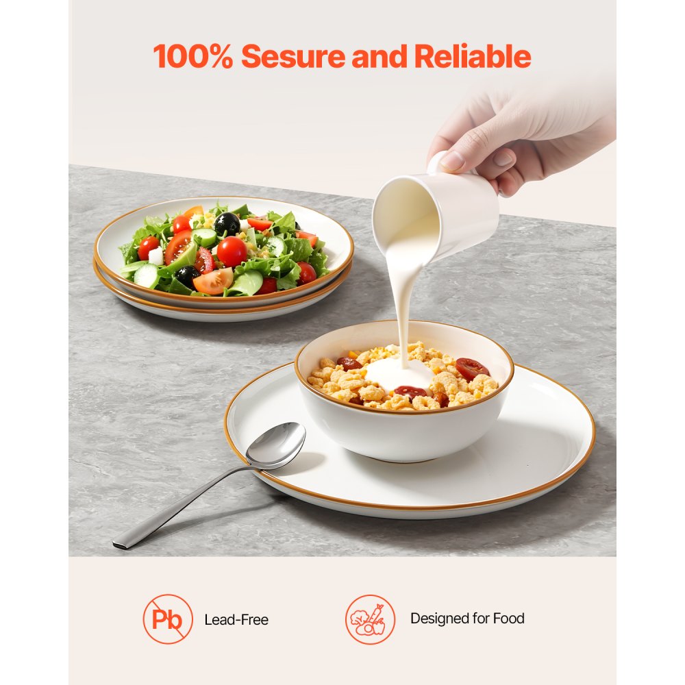 VEVOR Vajilla para 6 Personas, Platos y Cuencos Redondos, Cerámica Resistente a Arañazos, Apta para Lavavajillas y Microondas, Ideal para Postres, Ensaladas, Sopas y Pastas, Color Blanco, 18 uds