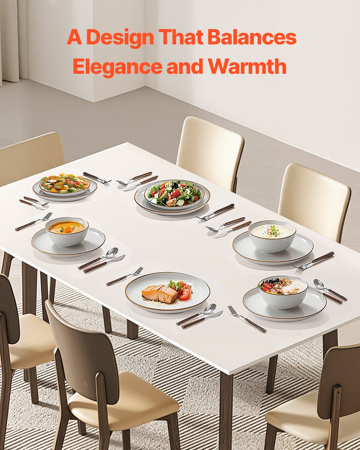 VEVOR Vajilla para 6 Personas, Platos y Cuencos Redondos, Cerámica Resistente a Arañazos, Apta para Lavavajillas y Microondas, Ideal para Postres, Ensaladas, Sopas y Pastas, Color Blanco, 18 uds