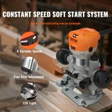 VEVOR Fresadora Eléctrica para Madera 1,25HP 800W Fresadora de Superficie con Base Fija Fresadora de Mano 30000RPM Juego de Fresadora de Madera 6 Velocidades Variables para Madera Ranurar Recortar