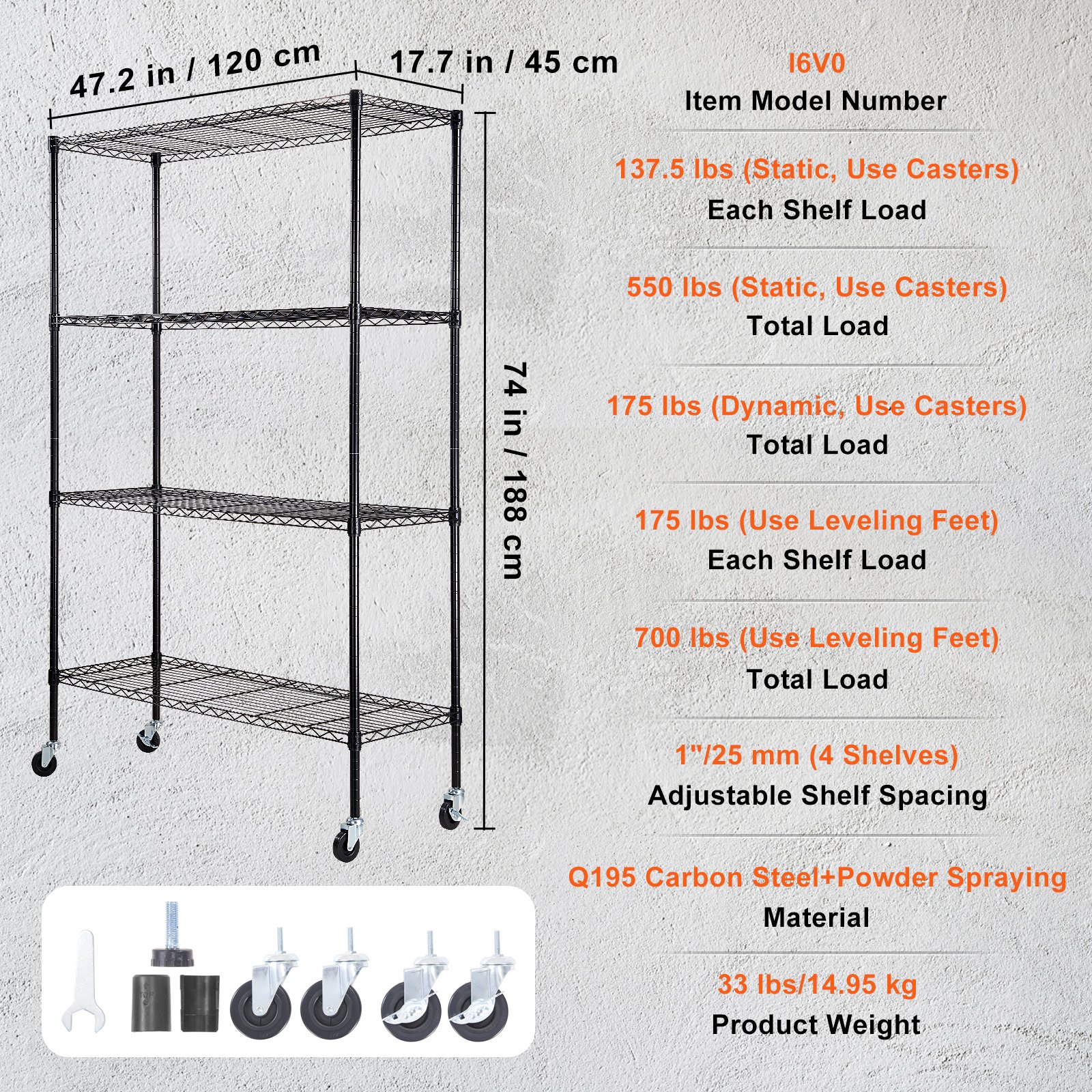 VEVOR Estante de almacenamiento con ruedas, 4 niveles ajustables, estantería de garaje resistente, capacidad de 700 libras, organizador de metal, estante de alambre para cocina, despensa, sótano, baño