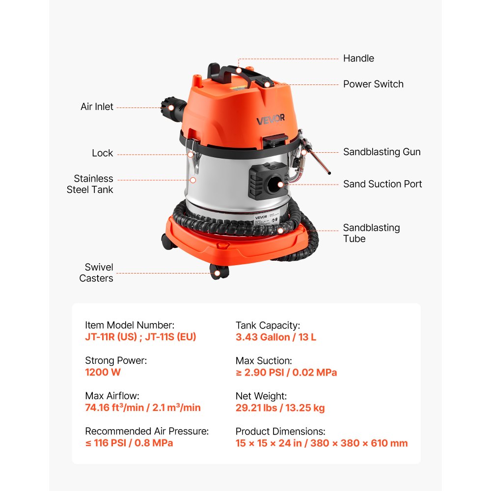 VEVOR Máquina de Chorro de Arena de Nuez 1200 W Tanque de 13 L, Máquina de Limpieza de Válvulas y Colectores de Admisión, con 2,5 kg de Cáscara de Nuez y 23 Adaptadores para Motores de Automóviles
