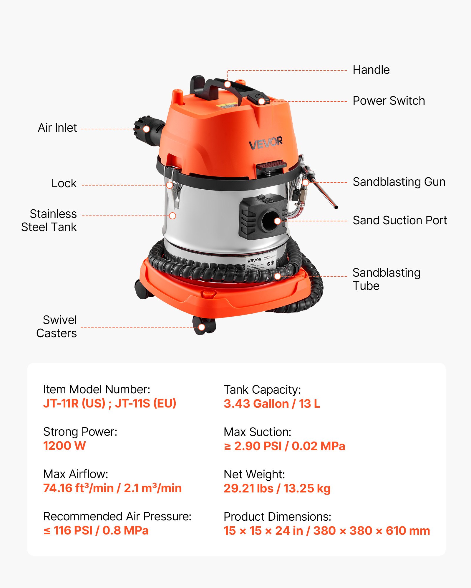 VEVOR Máquina de Chorro de Arena de Nuez 1200 W Tanque de 13 L, Máquina de Limpieza de Válvulas y Colectores de Admisión, con 2,5 kg de Cáscara de Nuez y 23 Adaptadores para Motores de Automóviles