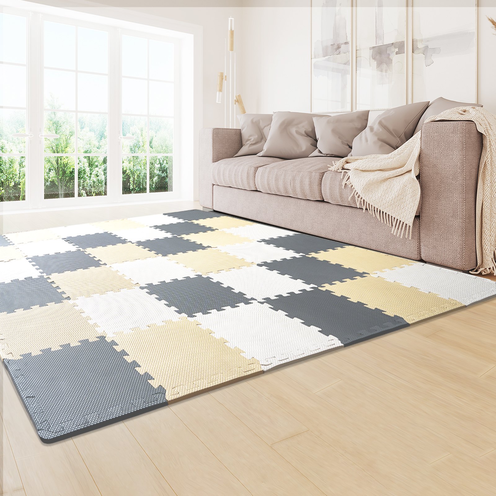 VEVOR 36 PCS Alfombra de Juego Baldosas de Espuma EVA de 10 mm de Grosor Alfombra de Rompecabezas de 31,5x31,5 cm, Alfombrillas Entrelazadas para Niños para Sala de Juegos, Hogar, Camel, Gris y Beige