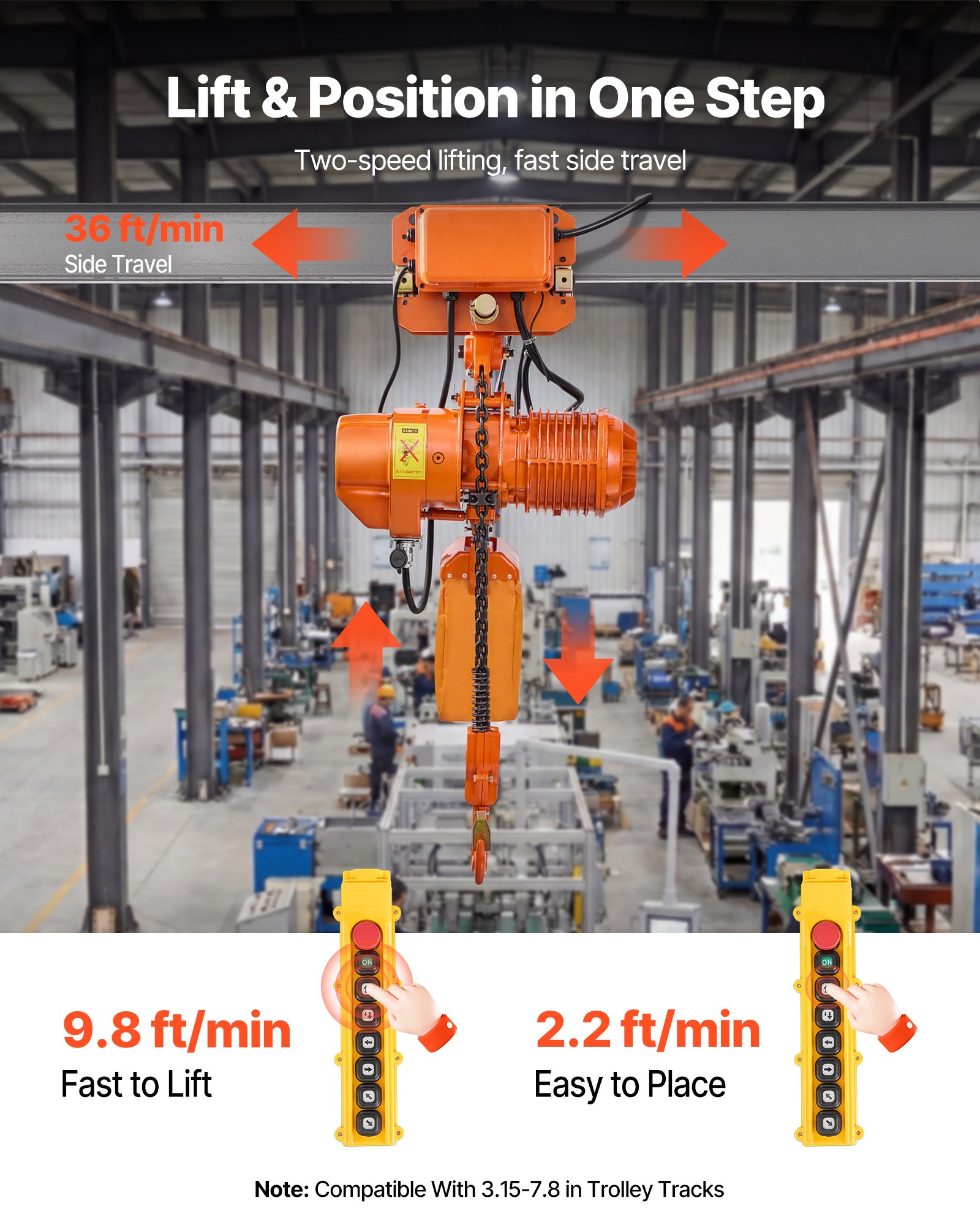 VEVOR Polipasto Eléctrico de Cadena G100, Carga 2000 kg, Elevación de 6,1 m, Trifásico 380-415 V, 50 Hz, Doble Velocidad 0,69 y 3 m/min, Control Remoto por Cable e Inalámbrico para Taller Motor Garaje