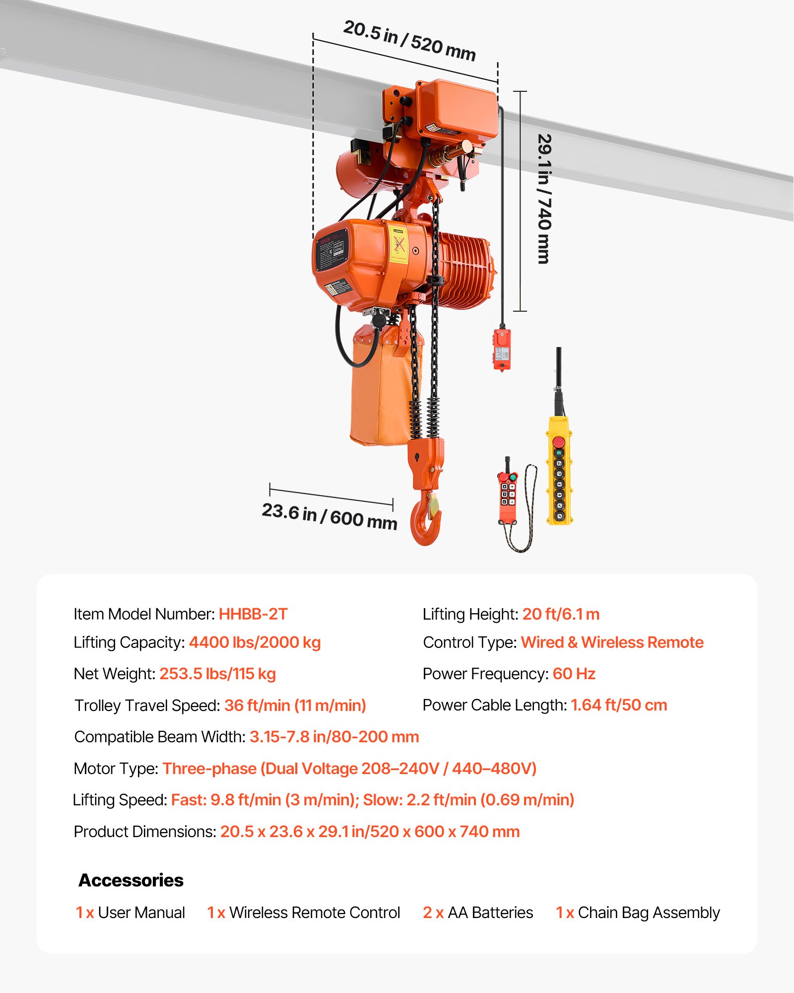 VEVOR Polipasto Eléctrico de Cadena G100, Carga 2000 kg, Elevación de 6,1 m, Trifásico 380-415 V, 50 Hz, Doble Velocidad 0,69 y 3 m/min, Control Remoto por Cable e Inalámbrico para Taller Motor Garaje