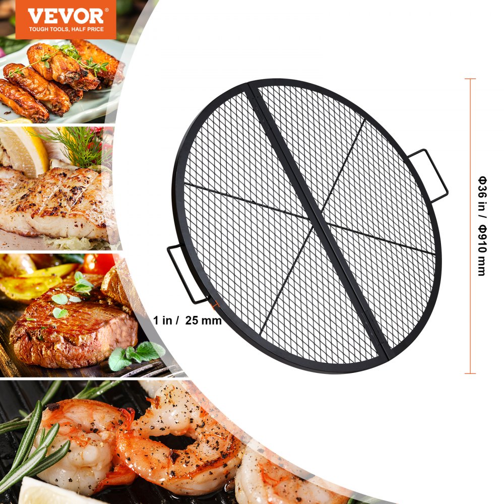 VEVOR Parrilla de Barbacoa Redonda de Acero, Diámetro de 91 cm, Plegable y Portátil, Marca X, Capacidad de Carga de 20 kg, Utensilios para Chimenea, Brasero, Barbacoa, Pícnic, Camping, Jardín, Negro