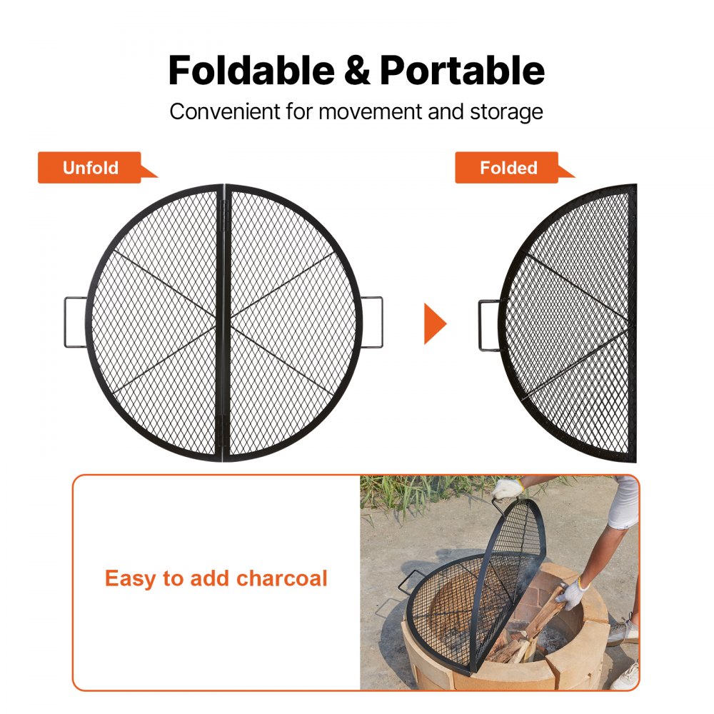 VEVOR Parrilla de Barbacoa Redonda de Acero, Diámetro de 91 cm, Plegable y Portátil, Marca X, Capacidad de Carga de 20 kg, Utensilios para Chimenea, Brasero, Barbacoa, Pícnic, Camping, Jardín, Negro
