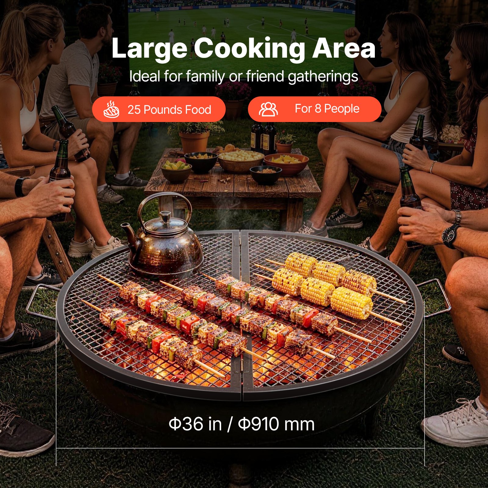 VEVOR Parrilla de Barbacoa Redonda de Acero, Diámetro de 91 cm, Plegable y Portátil, Marca X, Capacidad de Carga de 20 kg, Utensilios para Chimenea, Brasero, Barbacoa, Pícnic, Camping, Jardín, Negro