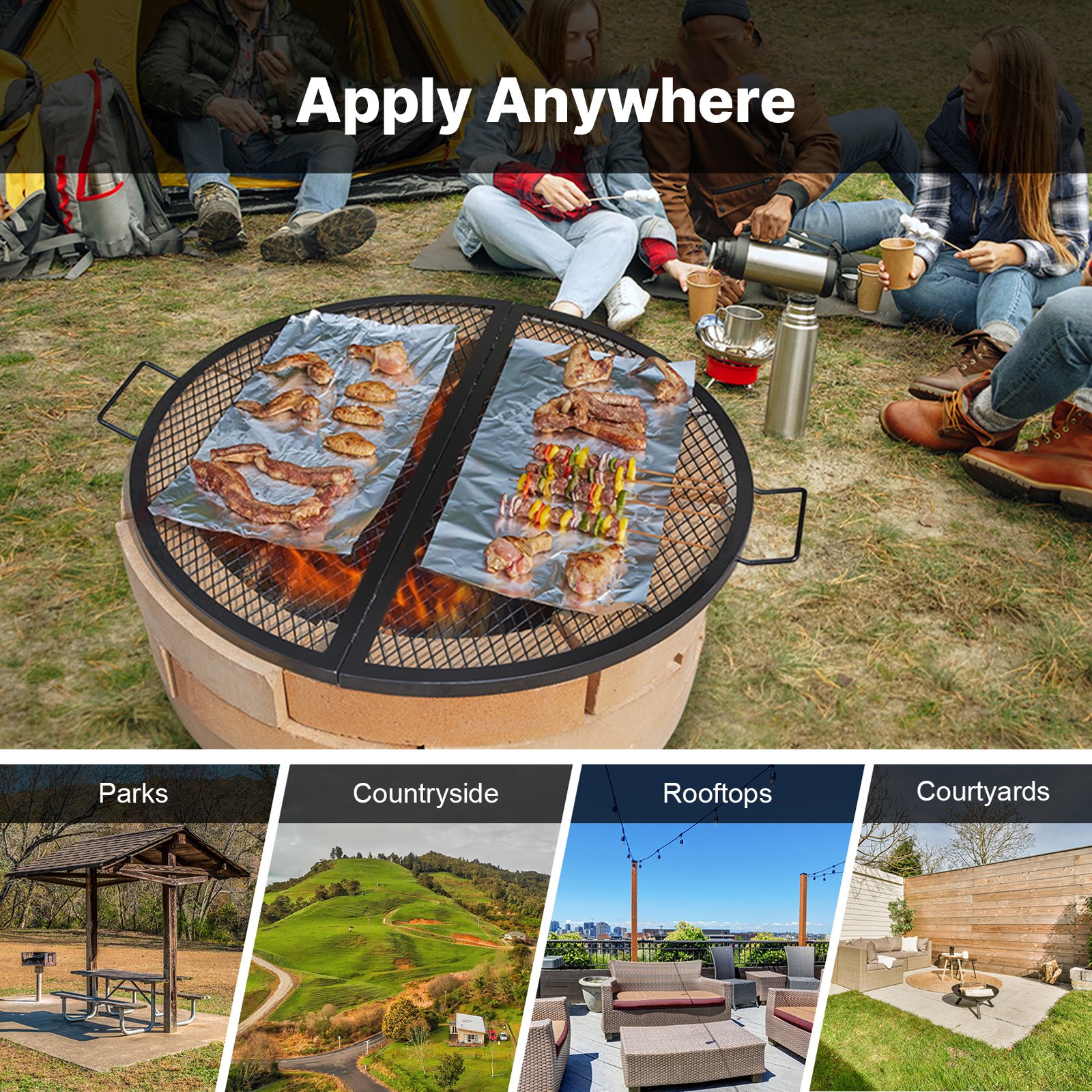 VEVOR Parrilla de Barbacoa Redonda de Acero, Diámetro de 91 cm, Plegable y Portátil, Marca X, Capacidad de Carga de 20 kg, Utensilios para Chimenea, Brasero, Barbacoa, Pícnic, Camping, Jardín, Negro