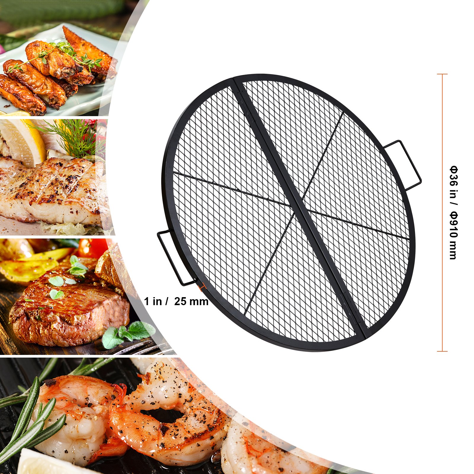 VEVOR Parrilla de Barbacoa Redonda de Acero, Diámetro de 91 cm, Plegable y Portátil, Marca X, Capacidad de Carga de 20 kg, Utensilios para Chimenea, Brasero, Barbacoa, Pícnic, Camping, Jardín, Negro