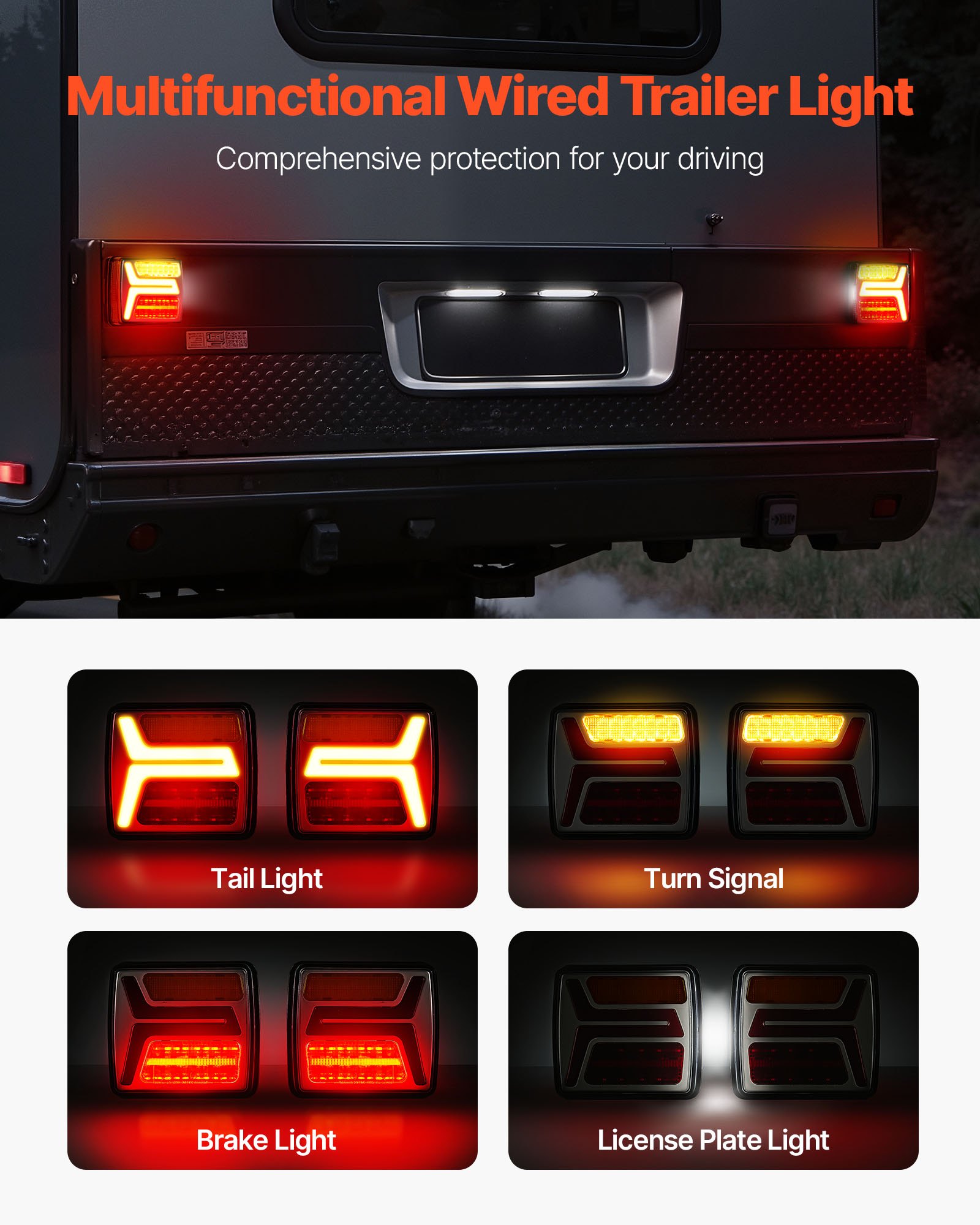 VEVOR Trailer Lights, 2PCS 12V Square LED Trailer Tail Lights Kit with Stop Brake Turn Tail License Plate Lamp, Waterproof Tow Lighting Kit with Wiring Harness for Boat Truck Camper RV Snowmobile Bus
