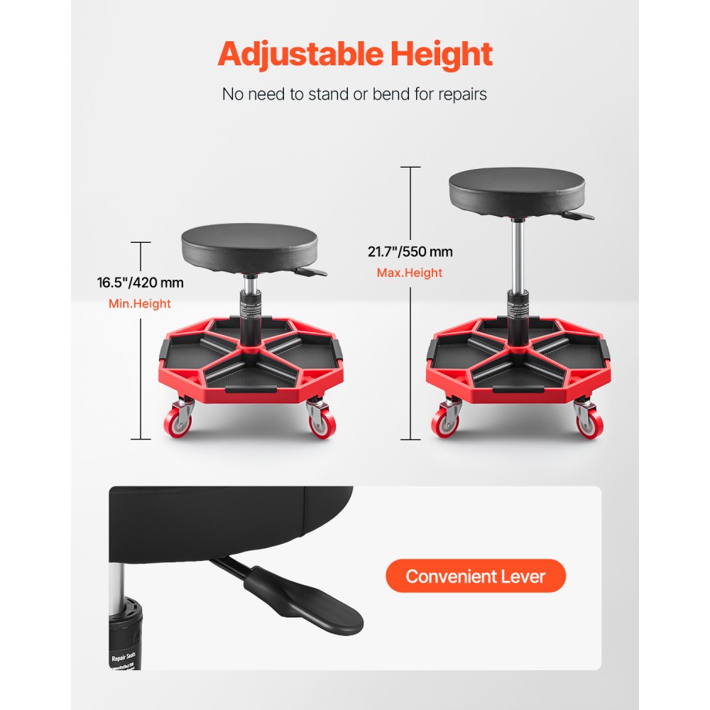 VEVOR Taburete Mecánico con Ruedas Carga de 136 kg Asiento de Garaje Altura Ajustable 420 y 550 mm Taburete de Trabajo con Bandeja para Herramientas para Taller, Reparación de Autos, Negro y Rojo