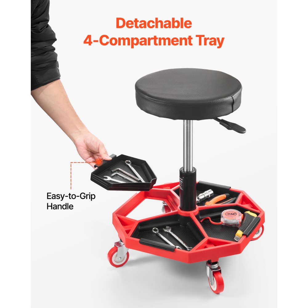 VEVOR Taburete Mecánico con Ruedas Carga de 136 kg Asiento de Garaje Altura Ajustable 420 y 550 mm Taburete de Trabajo con Bandeja para Herramientas para Taller, Reparación de Autos, Negro y Rojo